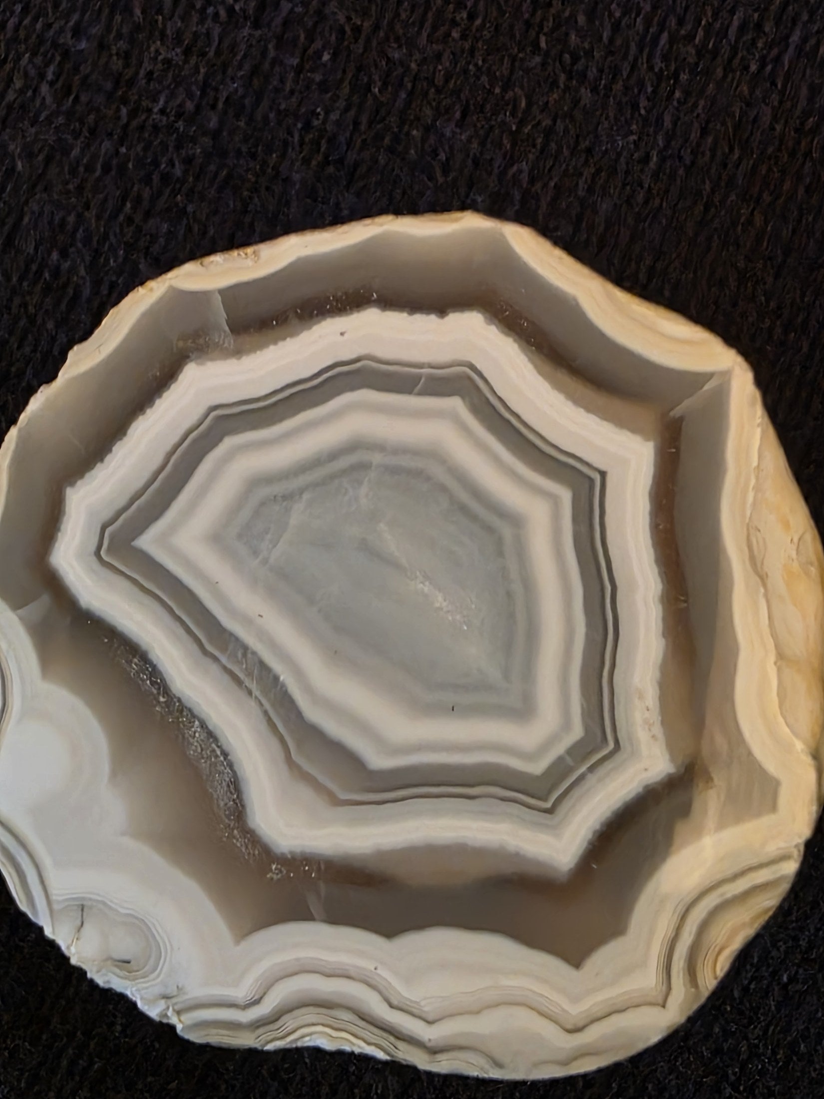 Macro detail of concentric chalcedony banding inside Lebanese banded agate geode №004 from North Lebanon, showing layer symmetry and translucency.
