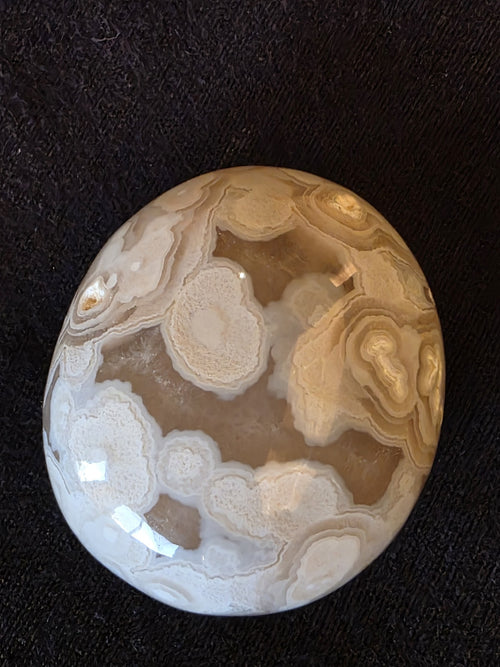 Close-up of white microcrystalline flower formations inside Lebanese lace chalcedony palm stone №002, showing botryoidal blossom clusters.

