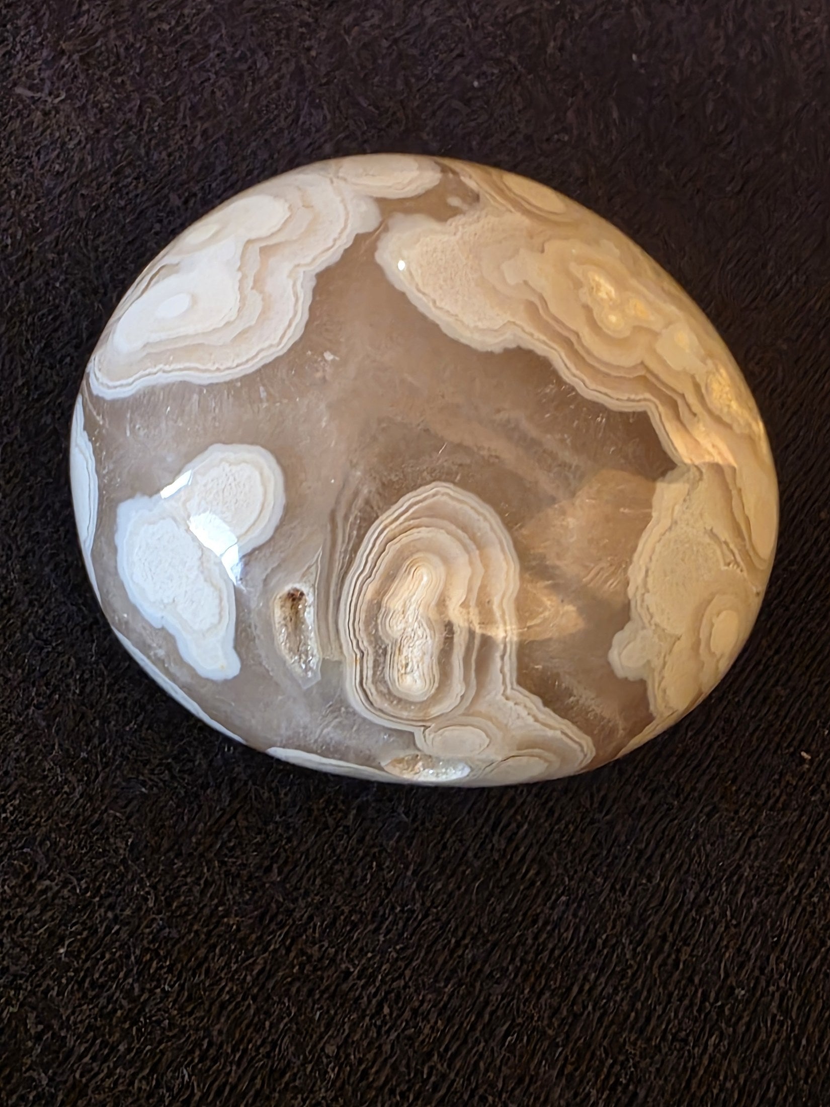 Side profile of hand-polished Lebanese flower agate palm stone, approximately 3.5 cm tall with a smooth dome finish, North Lebanon Mediterranean coast.
