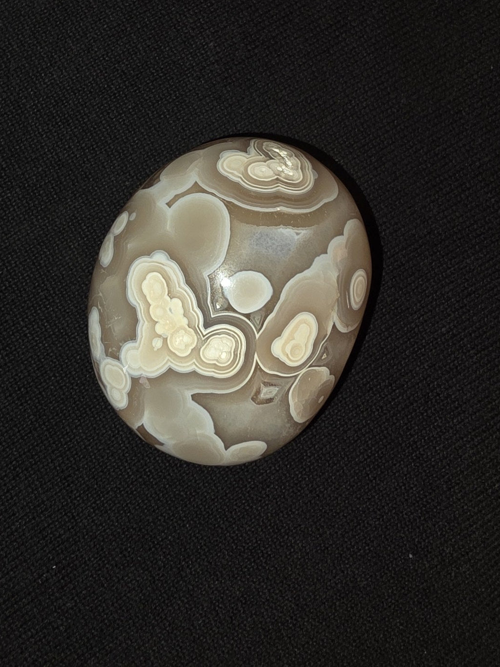 Three-quarter angled view of Lebanese orbicular agate palm stone, 7.2 cm long, displaying bloom-like orbicules and lace banding on polished surface.
