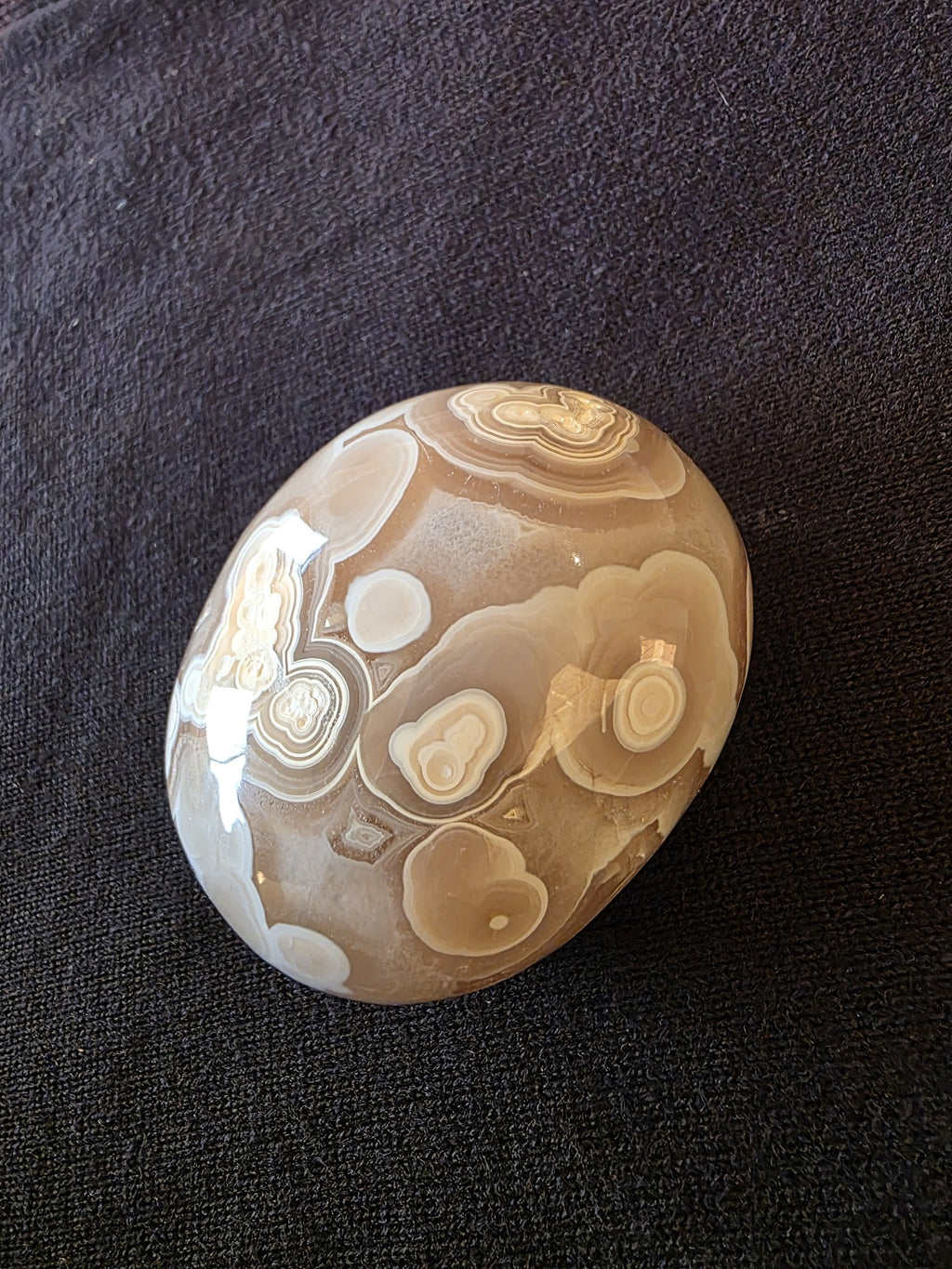 Lebanese orbicular flower agate palm stone №003 from Minieh shore, showing multiple concentric eye formations in cream against a warm caramel chalcedony ground.
